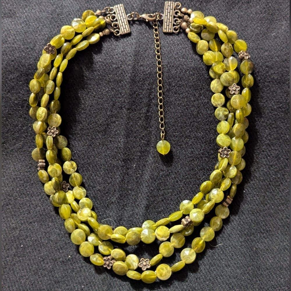 Vintage Olive Green Beaded Multi Strand Layered Statement Necklace